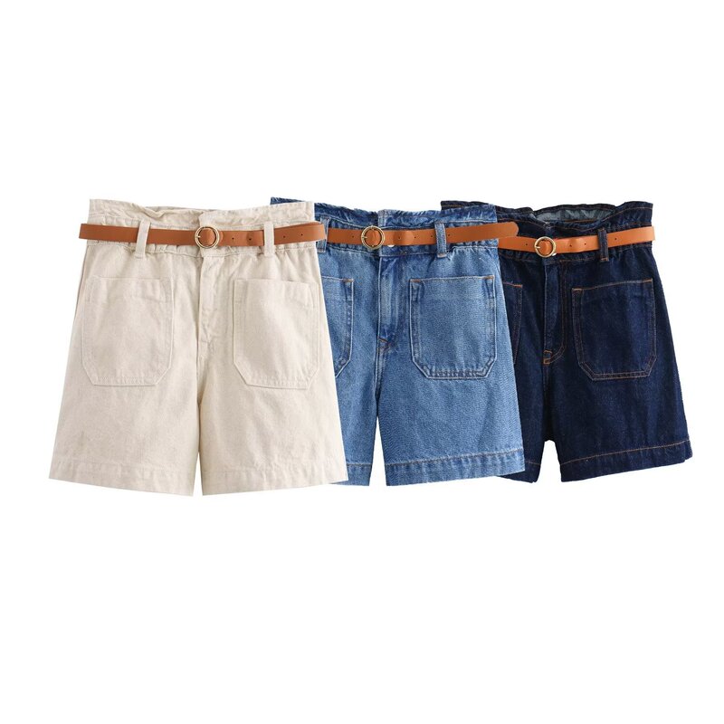 Three Color High Waist Belt Loose Denim Shorts Women's 2024 Summer New European and American Cross-border Fashion Shorts Three Color High Waist Belt Loose Denim Shorts Women's 2024 Summer New European and American Cross-border Fashion Shorts