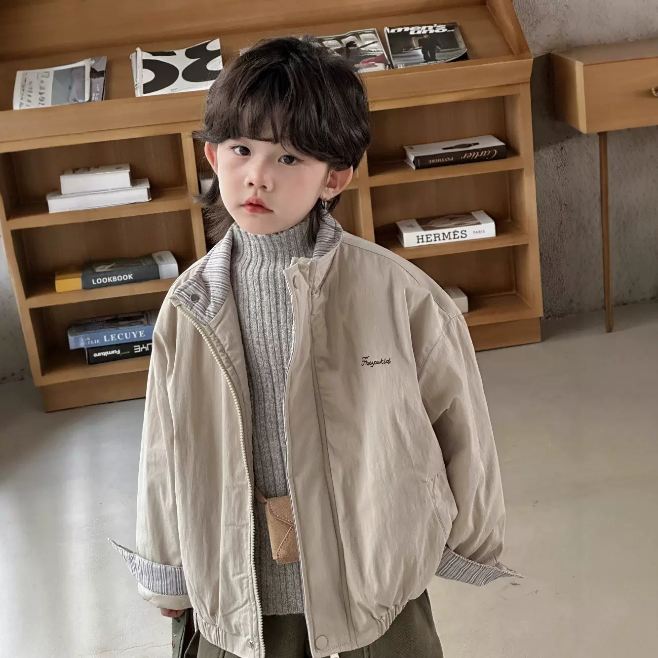 儿童棉衣2025秋冬韩版男女童条纹卷边加厚棉服休闲帅气夹克衫外套