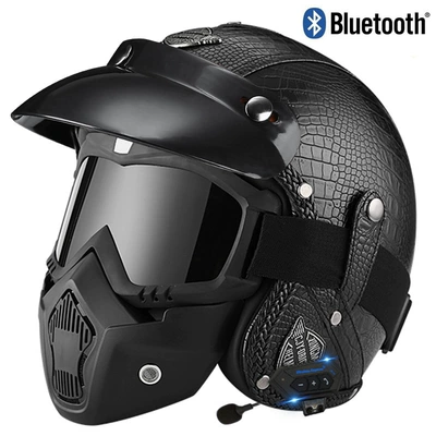 retro helmet men's and women's, Motosiklet kaskı (dəbilqə) - black-crocodile-pattern-mask-bluetooth-s
