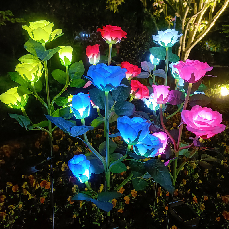 Outdoor Led Artificial Flower Lights Garden Lawn Lights Amazon Ground Lights 5-Head Solar Rose Lights High Simulation