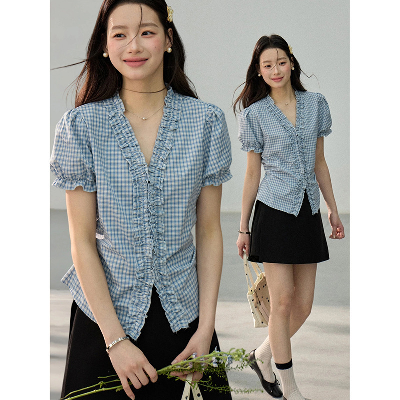 【Geming】French-Style Retro Ruffled Plaid Short-Sleeve Shirt for Women, New Summer Puff-Sleeve Top An1108