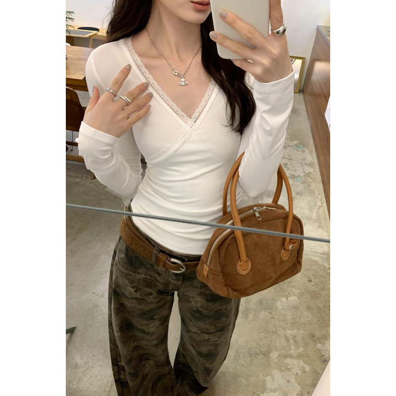 Discount Real Photograph Spice Girl V-neck Lace White Inner Base Shirt Women's Autumn and Winter 2024 New Long Sleeve T