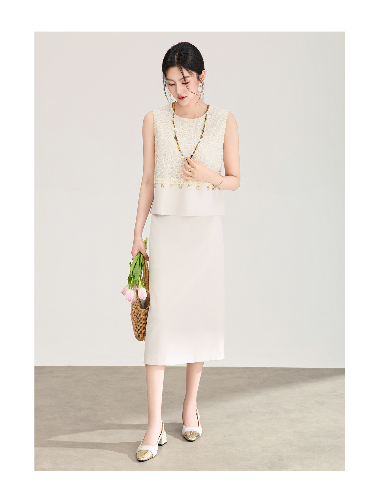 Set áo vest không tay ren thêu + chân váy midi nữ tính mùa hè — màu mơ chi tiết 12