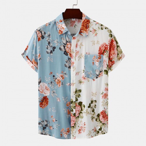 Dropshipping for eBay AliExpress Amazon 2024 Summer New Men's Floral Patchwork Short-Sleeve Shirt