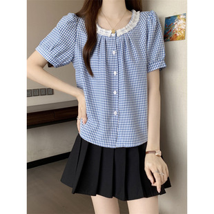 Original Fabric Blue Plaid Shirt Women's Summer 2025 New French Sweet Lace Collar Short-Sleeved Shirt Top