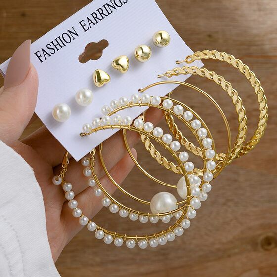 European and American Hot-selling Alloy Geometric C- shaped Ear Ring French 6-piece Set Winding Alloy Earrings Creative Golden Ear Jewelry Women