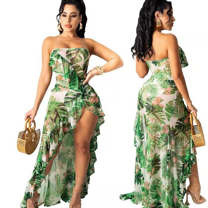 2023 verano transfronterizo costura color sólido falda irregular impreso fuera del cuello tubo superior hoja de loto sexy vestido de hendidura alta image 6