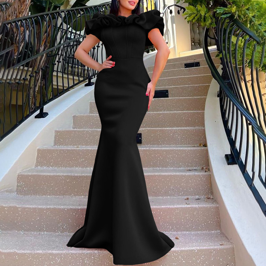 Women's Clothing Fashion Women's Summer Solid Color One Line Collar Fishtail Skirt Long Skirt Evening Dress_voghion.com