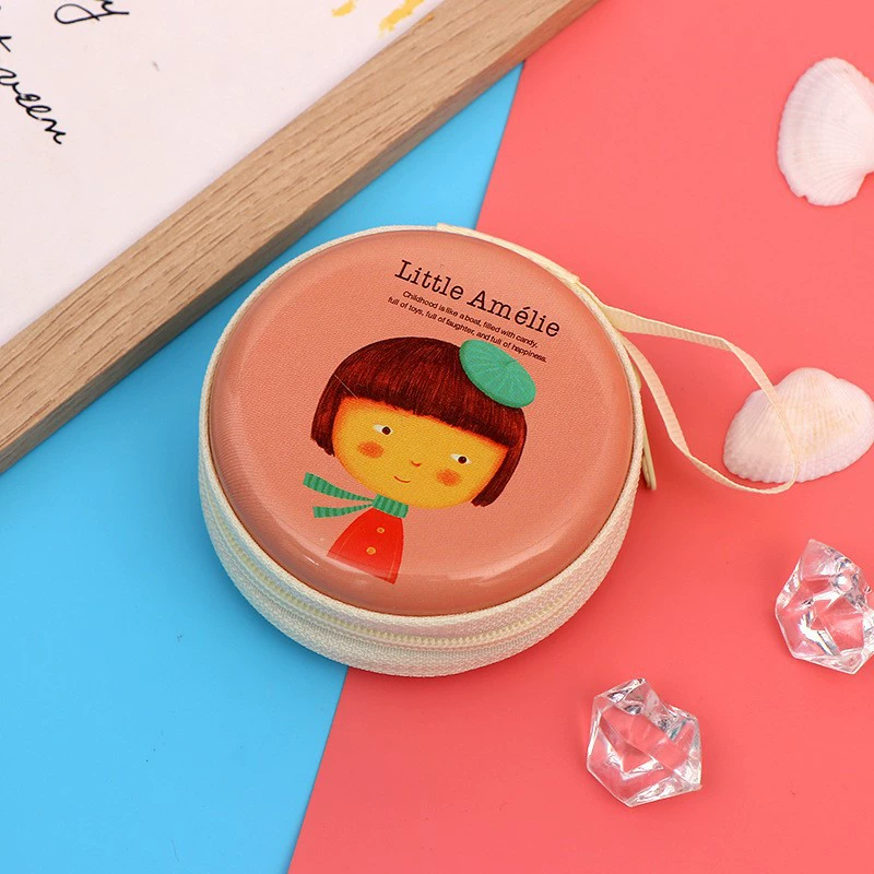 Round tinplate coin purse, zipper with chain, cartoon print, compact 7×7×3 cm