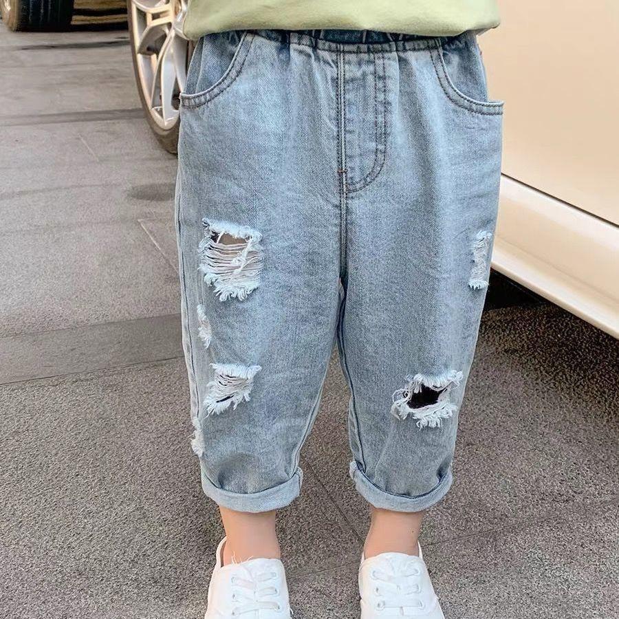 儿童夏装破洞牛仔裤春秋季男童裤子小童宝宝宽松九分女童长裤薄款