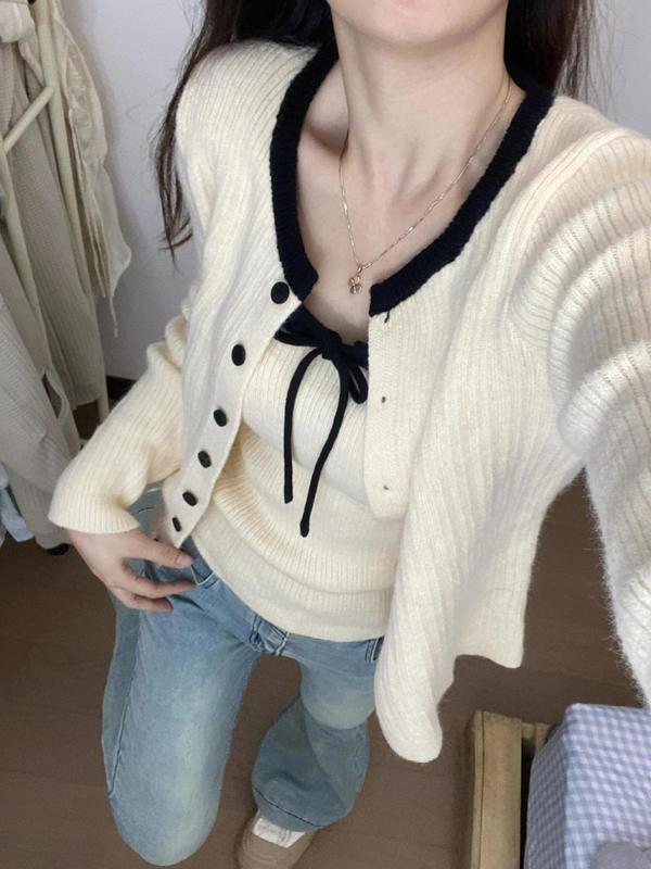 韩系针织开衫配吊带女早秋季新款软糯毛衣外套外搭上衣氛围感穿搭|undefined