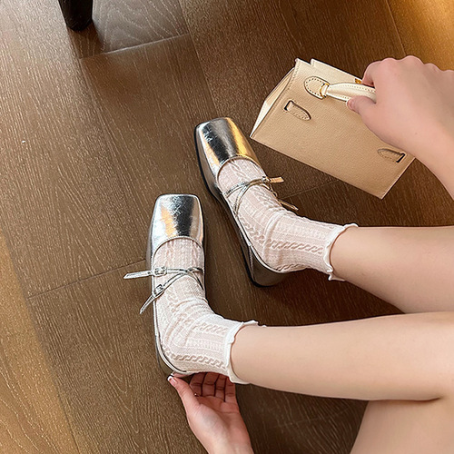 2024 French Square Head Cross Strap Low-Heeled Flat Silver Ballet Flats Retro Single Strap Mary Jane Shoes for Women