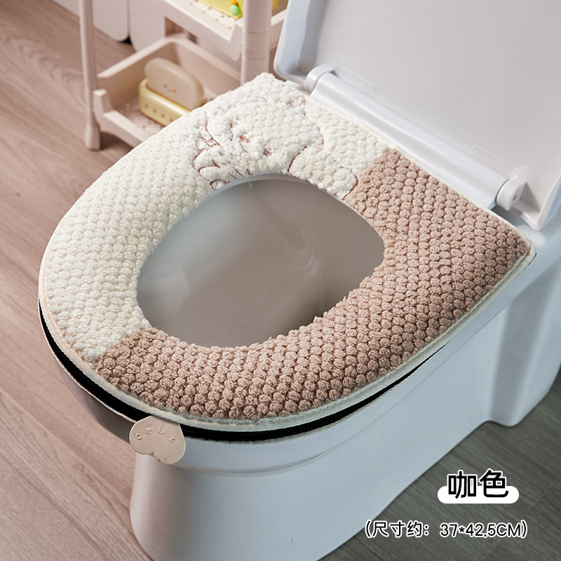 Alfombrilla de inodoro de felpa con cremallera de perro volador, costura simple de otoño e invierno, color de contraste, cojín de inodoro general para uso doméstico grueso y cálido