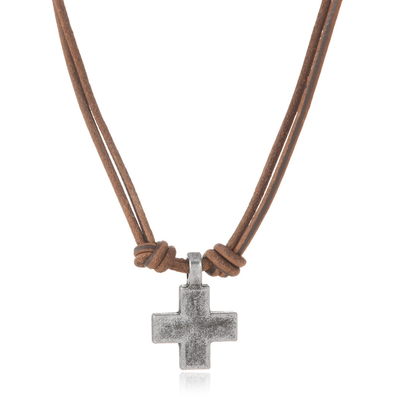Cross-Border New Accessories Simple Retro Woven Cross Pendant Cowhide Necklace European and American Personalized Jewelry Wholesale Cross-Border New Accessories Simple Retro Woven Cross Pendant Cowhide Necklace European and American Personalized Jewelry Wholesale
