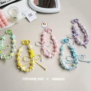 Candy Color Bow Sitting Bear Mobile Phone Chain Girls' Bag Pendant Fashionable Decorative Doll Machine Key Chain Beaded