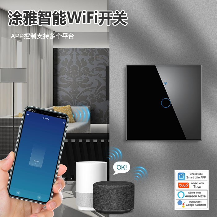 欧规涂鸦智能wifi开关带RF433语音控制alexa GoogleHome触摸开关