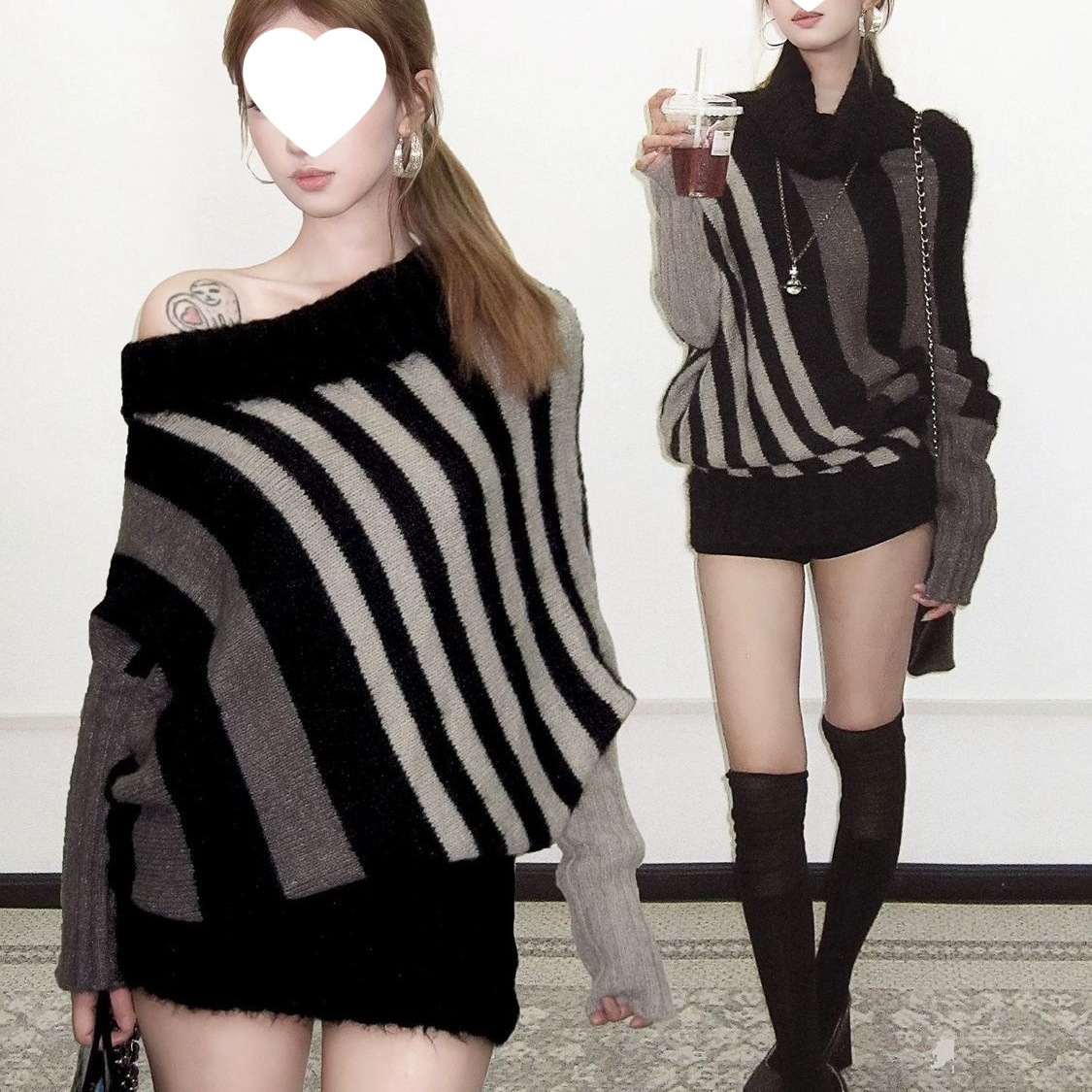 蝙蝠衫uiua可撞色黑白反穿R古早上下条纹毛衣造型混纺nr多灰