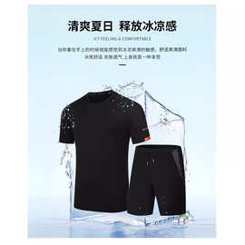 男夏季T恤男士短袖冰丝运动短款套装速干户外跑步透气网面二件套