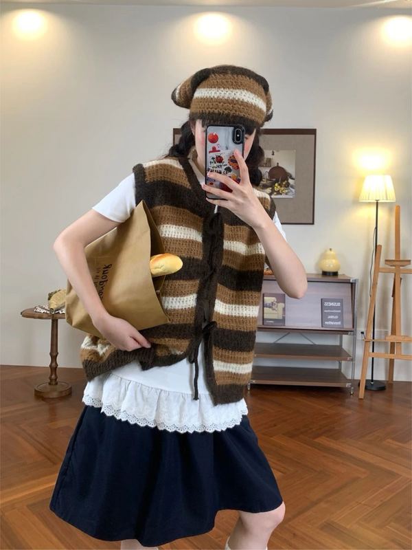 韩系彩虹条纹毛衣背心女2025早秋新款设计感撞色减龄针织坎肩上衣|undefined