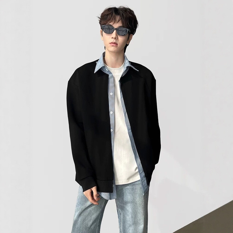 Spring and Autumn Korean Preppy Style Splicing Fake Two-Piece Jacket Men's Loose Polo Shirt Collar Long-Sleeved T-Shirt Cardigan Jacket