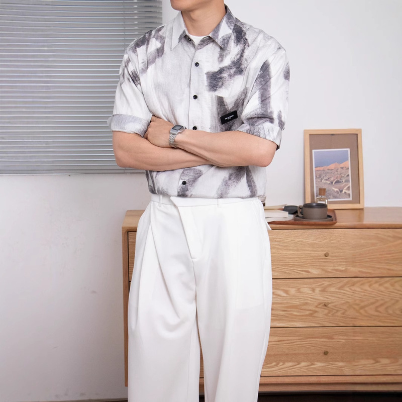 Nengmeng Korean-style Lyocell Art Printed Shirt Men's Summer Pocket Embroidered Small Label Casual Men's Shirt Top