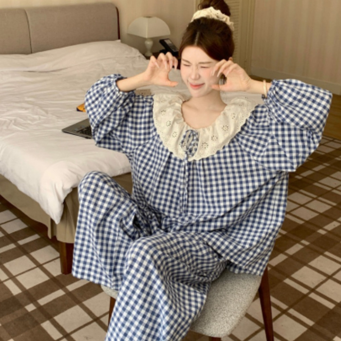 ソースファクトリー人気の春と秋の甘くてかわいいクラウドコットン長袖レースパジャマ女子学生ホームウェアセット