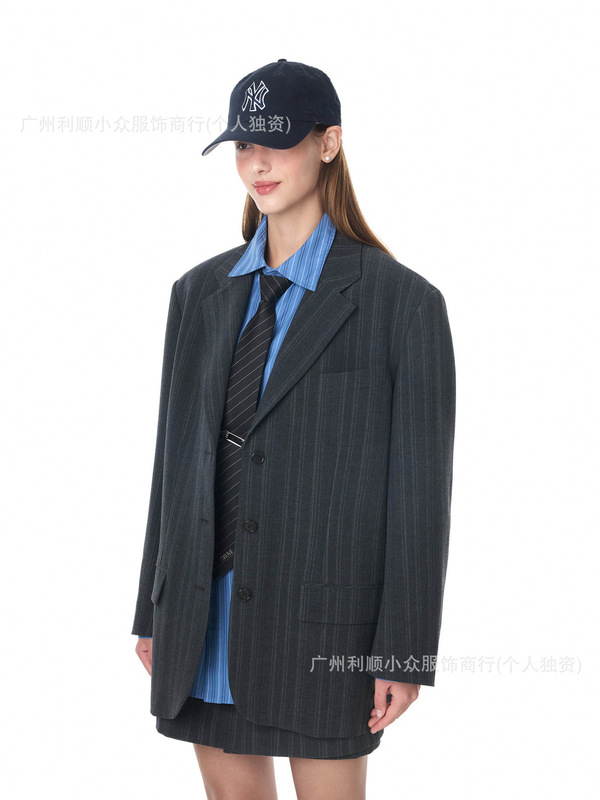 现货韩国GROVE条纹西装外套早秋新款学院风包臀短裙西服套装女装|undefined