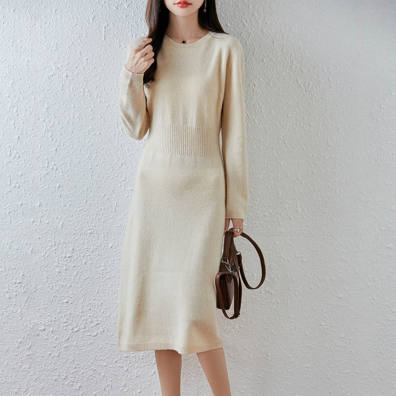 2025 Autumn and Winter Pure Wool Knitted Bottoming Dress Women's Loose Slim Pullover Sweater Skirt over the Knee Mid-Length Skirt