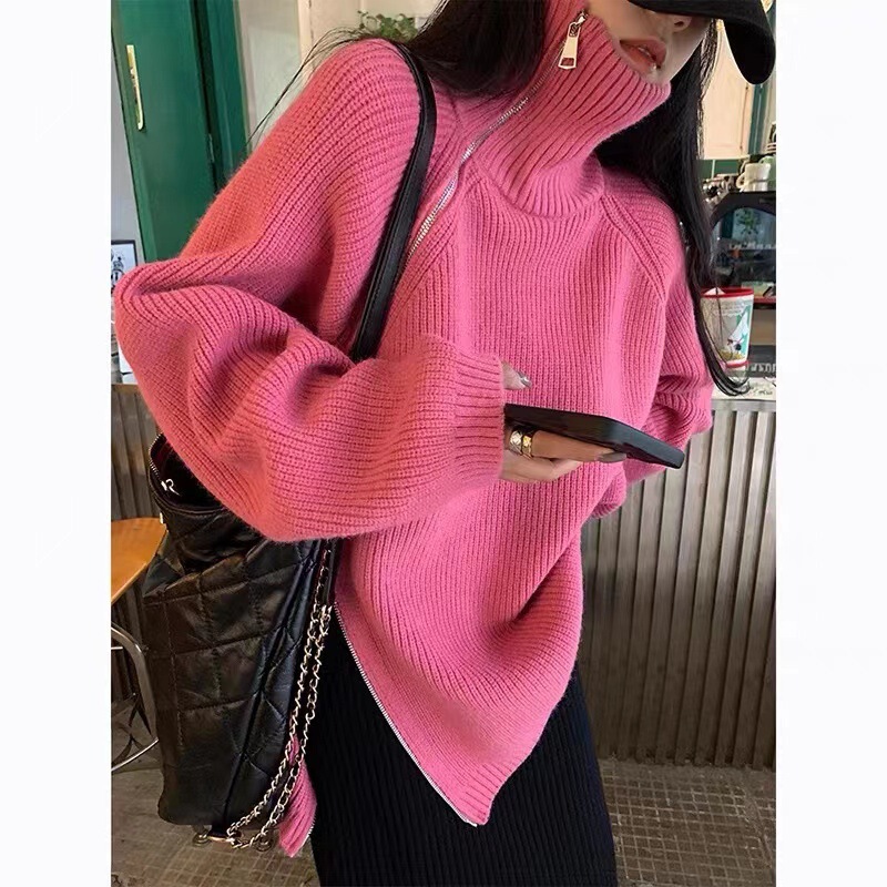 2026 Autumn and Winter New Style Loose Mid-Length Lazy Style Knitted Cardigan for Women with Design Side Zipper Lapel Sweater for Women