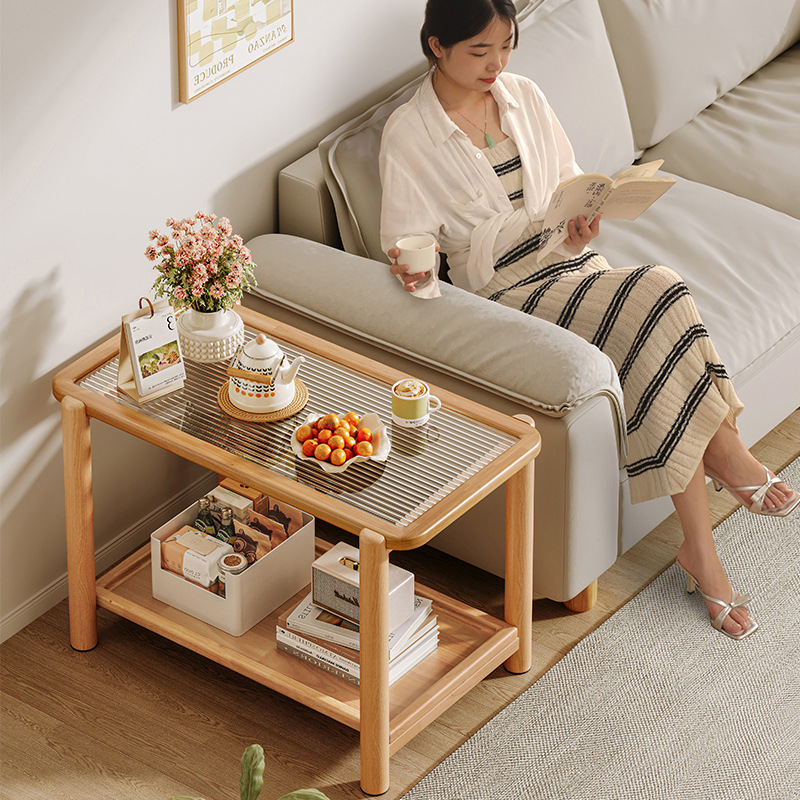 Mesa lateral del sofá, armario lateral, lujo ligero, sensación de alta calidad, sala de estar de madera maciza, nuevo estante de cabecera para el hogar, mesa de centro pequeña de doble capa