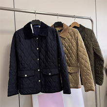 9721女装秋冬新品晶典刺绣灯芯绒翻领薄款夹棉长袖棱形格棉服