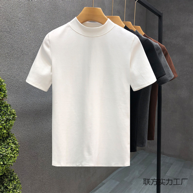 소년을위한 간단한 솔리드 컬러 하프 터틀넥 반팔 티셔츠 2024 여름 새로운 슬림핏 싱글웨어 남성용 하프 슬리브