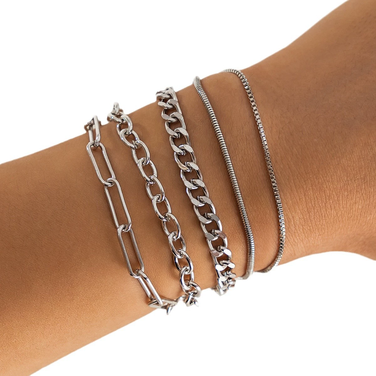 Set of Silver Men's Chain Bracelets - Hip-Hop Style, European Jewelry, Simple & Elegant Design Collection