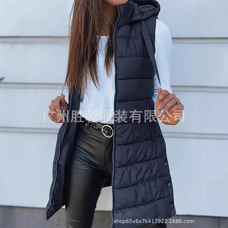 跨境爆款欧美2025亚马逊外贸纯色连帽拉链棉马甲外套女装中长款女|undefined