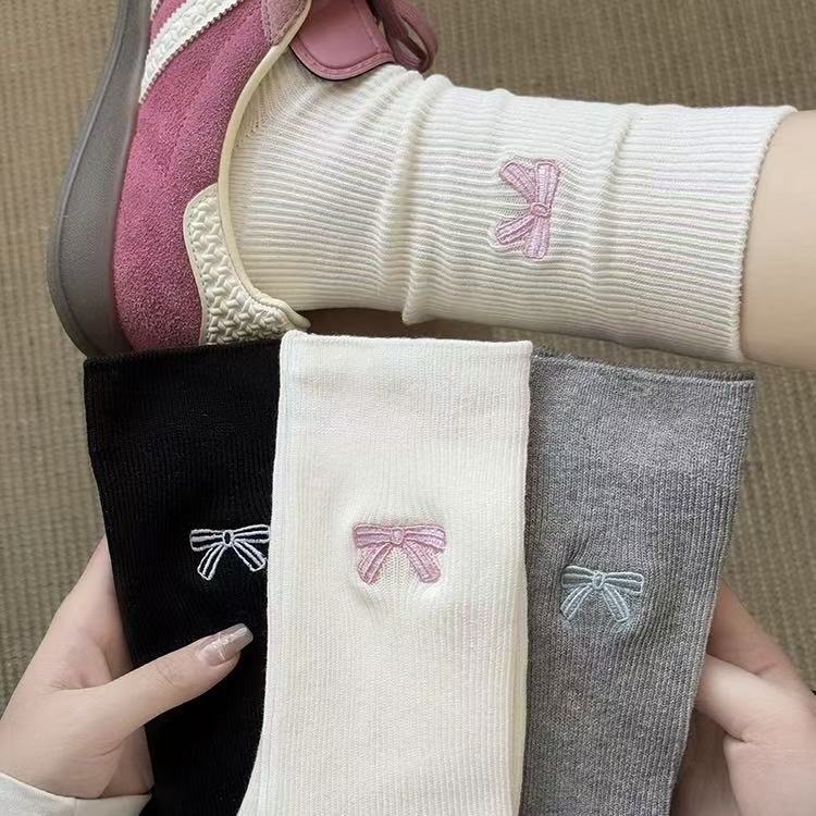 刺绣蝴蝶结袜子女中筒袜韩国ins风网红款双针棉质日系春夏堆堆袜|undefined