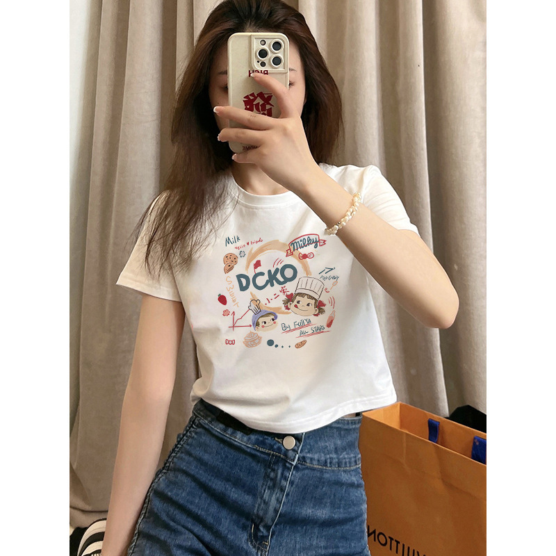 Pure Cotton Fujiya Short-sleeved T-shirt for Women, Summer, Small, High-waisted, Korean Style, Cute Design, Short Navel-baring Top