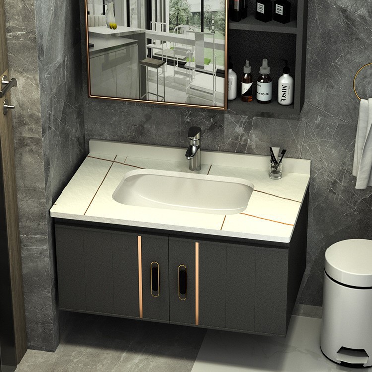 Rock Placa de aleación de aluminio de espacio gabinete de baño combinación de baño lavabo gabinete mesa de lavado espejo Gabinete integrado lavabo gabinete