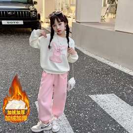 女童加绒休闲时尚套装印花两件套秋冬套装 上衣真超绒+裤子羊驼绒