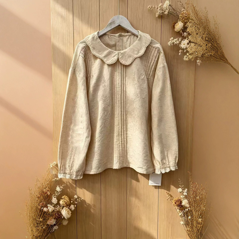 Japanese-style Mori lace collar embroidered cotton-linen shirt for women, new autumn model, youthful and versatile, with single-breasted buttons on the back