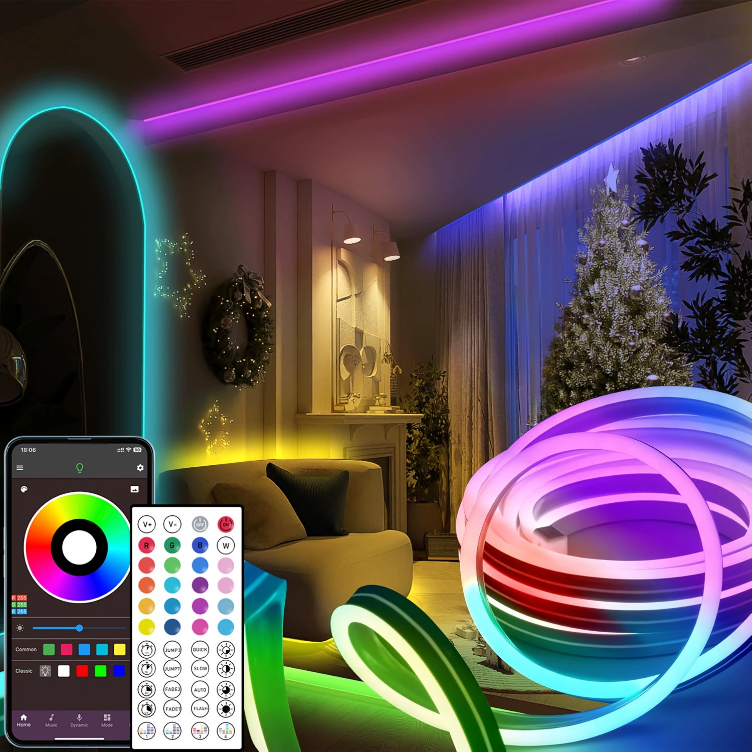Трансграничная светодиодная неоновая веревка длиной 9,8 фута, может управляться через приложение/пульт дистанционного управления с 44 клавишами.
