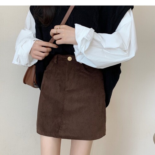 Simple and Versatile Autumn/Winter High-Waisted Slimming Corduroy Skirt for Girls and Women, Stylish A-Skirt