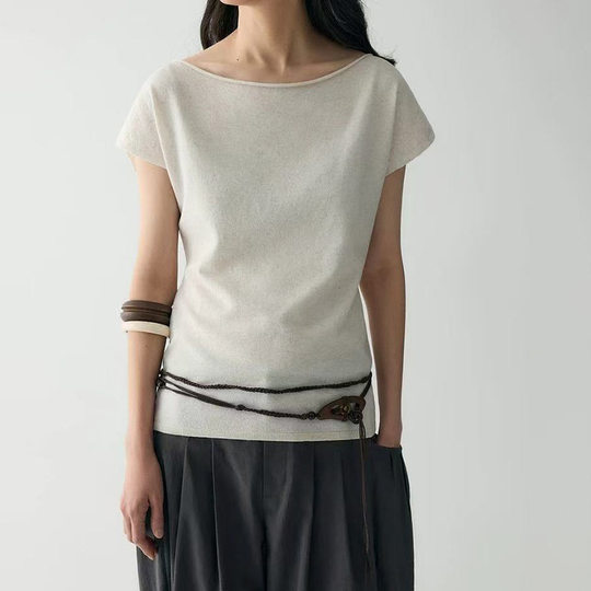 Tencel Linen Summer New Small Flying Sleeve Knitted Pullover Pure Color Simple Stylish One-Line Collar Slimming Look Top for Women