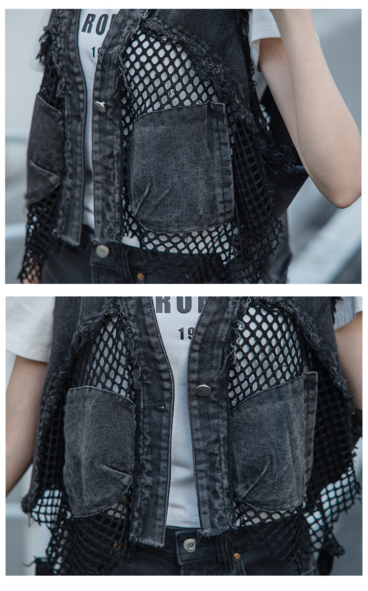 Productos europeos American Street Cowboy Chaleco Mujer 2025 Primavera y otoño Nuevo estilo Diseño de costura de malla Chaleco corto Top Tendencia