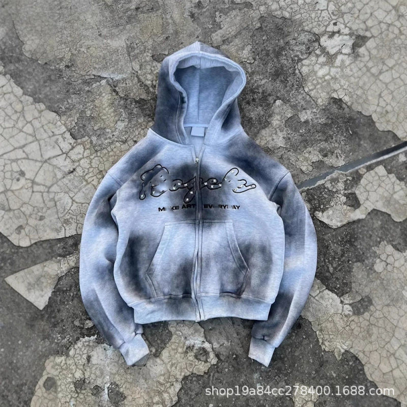 OEM gray distressed washed vintage letter embroidery oversized fashion zip-up hoodie hip-hop streetwear sweatshirt