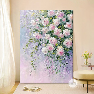 Cream Style Pink Purple Rose Flower Hand-Painted Oil Painting Rose Restaurant Living Room Decorative Painting Thick Texture Entrance Hanging Painting