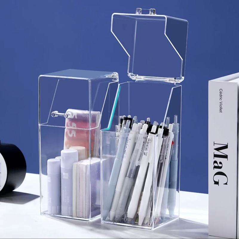 アクリル収納バケツデスクトップ蓋付き透明多層防塵収納ボックス化粧ブラシカスタム用品プラスチックペンホルダー|undefined