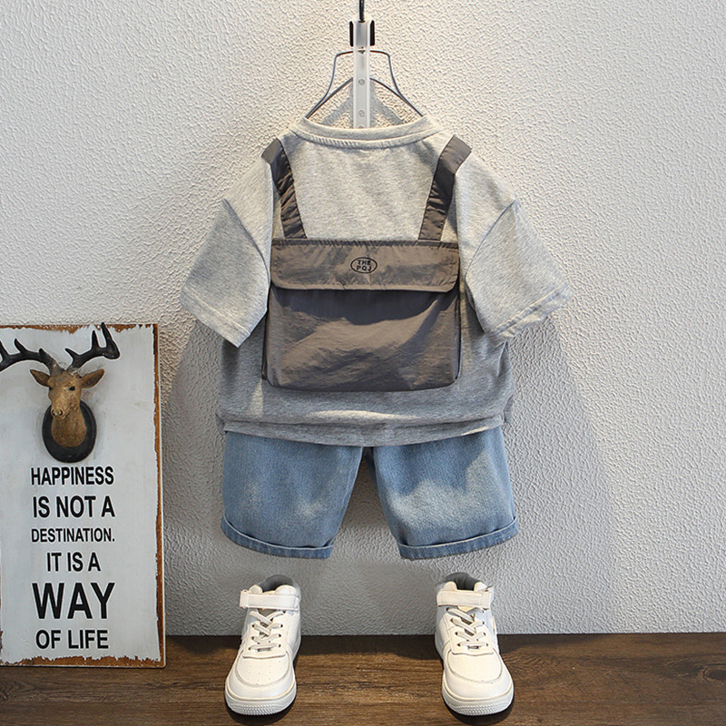 7934 Camiseta de manga corta para niños Ropa de verano Ropa para niños Bebé para niños Mochila Ropa delgada de verano de dibujos animados