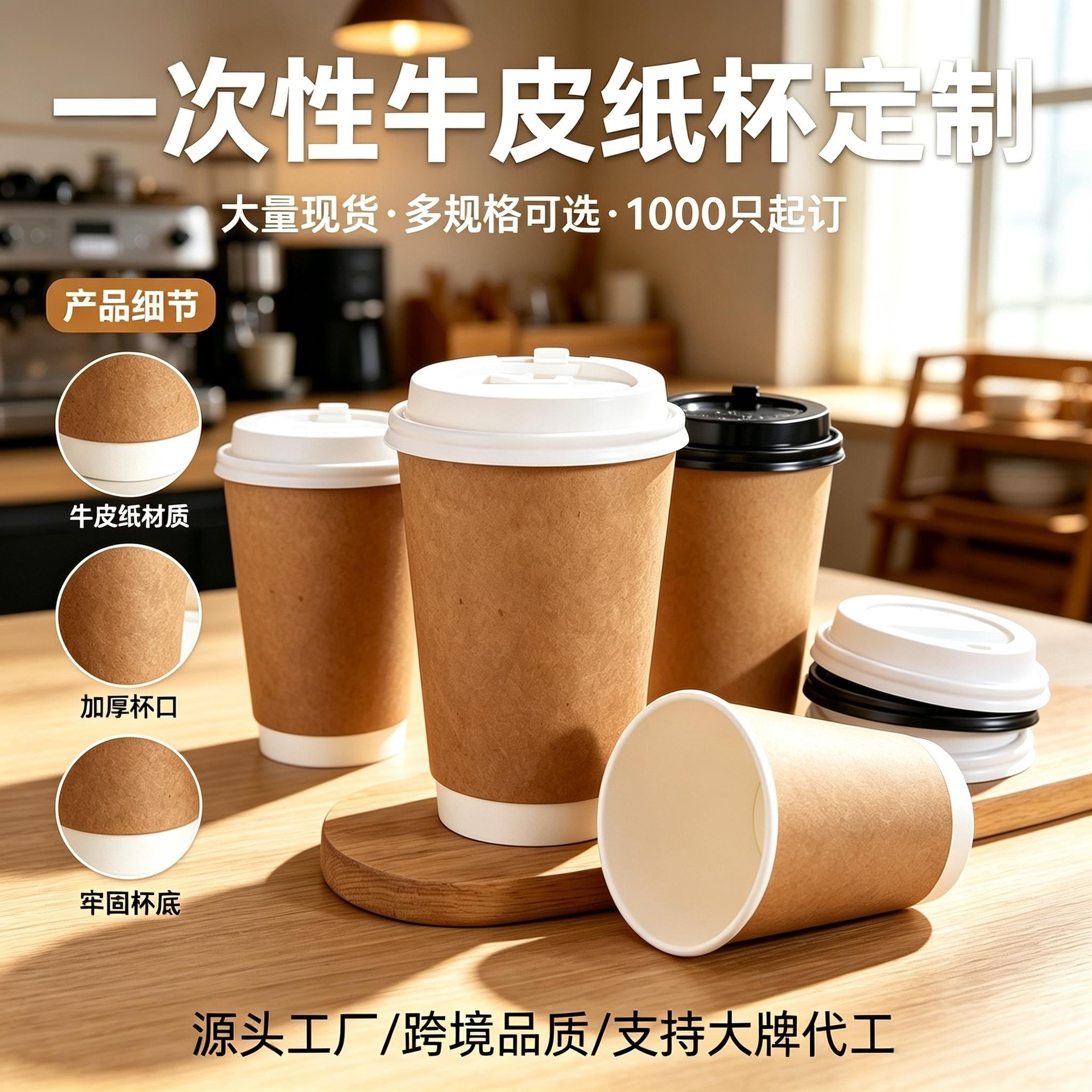 Taza de papel hueca de doble capa con té con leche de café de piel de vaca desechable con tapa