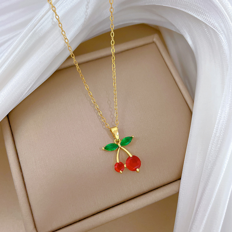 Red Cherry Fruit Necklace Diamond Luxury Clavicle Chain Jewelry_voghion.com