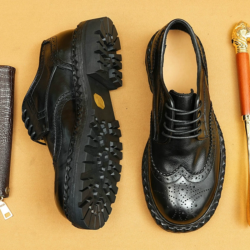 [Доставка за 5 дней] Прочные мужские туфли из выстиранной конской кожи с подошвой из натуральной кожи Goodyear, деловые повседневные туфли-броги на толстой подошве.